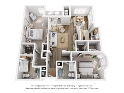 Floor plan for 2 beds, 2 baths, 1293 sqft